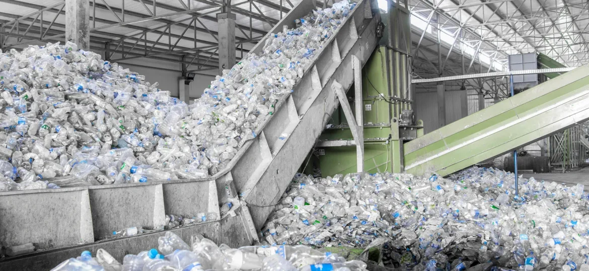 Escalator-plastic-bottles-factory-processing-recycling-polyethylene-terephthalate-PET