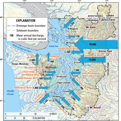 USGS image of rivers in Puget Sound Basin