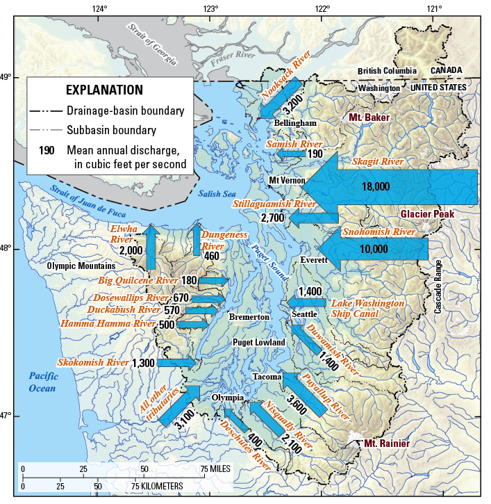 USGS image of rivers in Puget Sound Basin